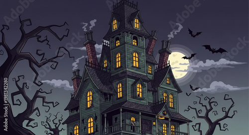 Spooky haunted mansion at night with full moon and bats.