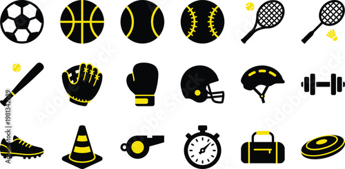 A collection of black and yellow sports icons featuring various athletic balls, equipment, and fitness gear items