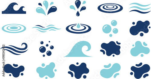 A collection of various blue water icons including splashing droplets, flowing waves, liquid shapes and bubbles