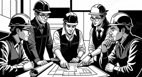 Diverse Team of Engineers Collaborating on Blueprint Plans.