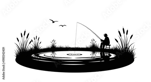 Silhouette of a Fisherman Casting a Line into a Calm Pond.
