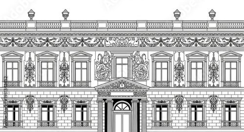 Detailed Architectural Drawing of a Grand Classical Building Facade.