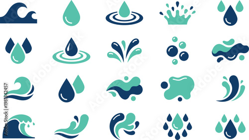 A collection of blue and turquoise water icons featuring various droplets waves splashes and liquid shapes