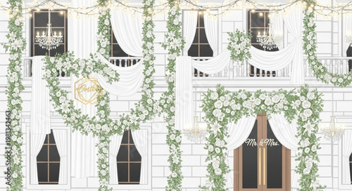 Elegant white wedding decorations with floral garlands and chandeliers.