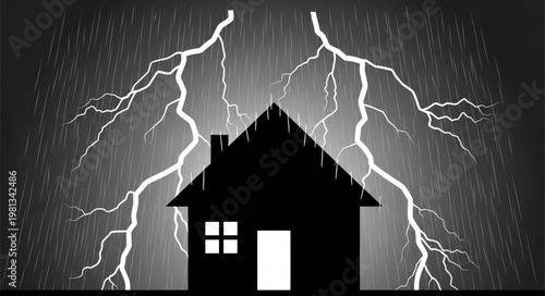 Silhouette of a house during a powerful thunderstorm with lightning strikes.