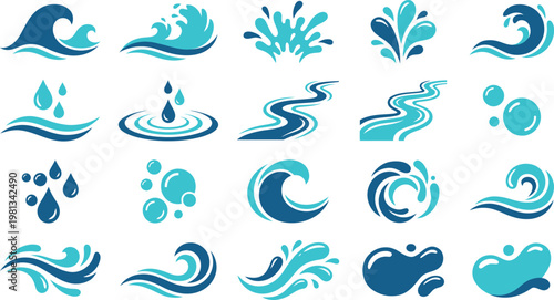 Collection of blue water wave icons featuring splashing droplets ripples and flowing river stream design elements