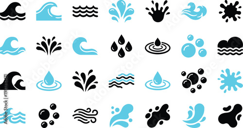 Diverse set of blue and black flat vector icons depicting various water splashes waves and liquid bubbles
