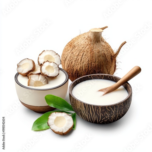Fresh coconuts with coconut milk and coconut slices in bowls on a white background, highlighting natural tropical fruit and beverage ingredients