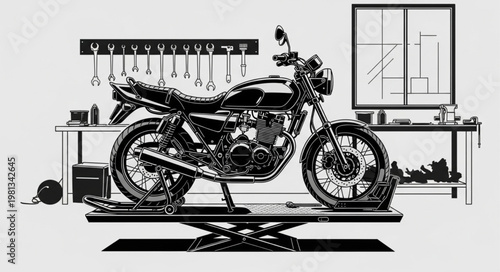 Motorcycle on a repair stand in a workshop with tools.