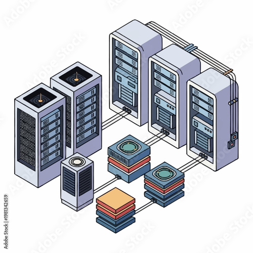 Servers and data storage systems connected.