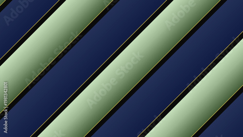 Elegant diagonal stripes in navy blue and sage green with subtle gold trim create a sophisticated and visually appealing geometric background pattern suitable for various design applications