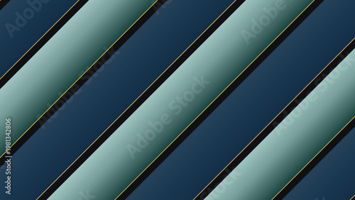 Abstract blue and teal diagonal stripes with golden outlines on a dark blue background, modern geometric pattern wallpaper, graphic design element