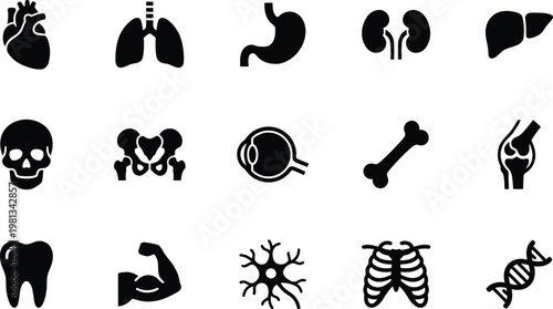 A collection of black medical icons on a white background