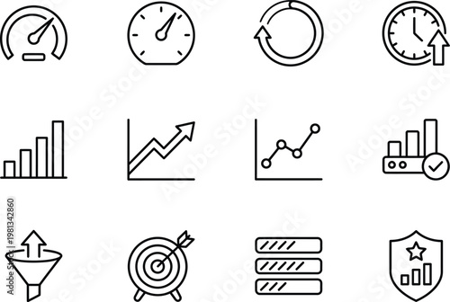 A collection of business and finance icons on a white background