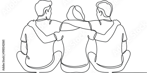 A minimalist line drawing of three people sitting together in unity