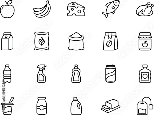 A collection of various grocery items and food products icons