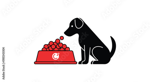 A black dog curiously investigates a bowl of red food silhouette