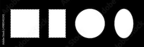 Postage stamp frame. Circle, rectangular vintage stamp icon. Empty white backdrop, border for postcard, letter. Tag, label, coupon, box collection with curvy, wiggly, wavy perforated edges.