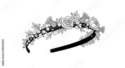 Black floral headband with delicate rose and leaf design.
