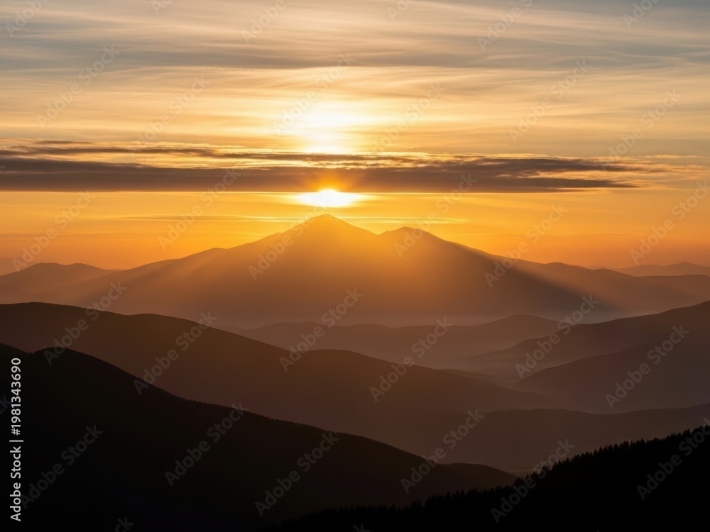 Obraz premium Majestic mountain sunrise with golden sun rays, atmospheric mountain peaks at dawn, scenic wilderness landscape with orange glowing sky