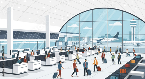 Modern Airport Security Checkpoint with Travelers and Luggage.