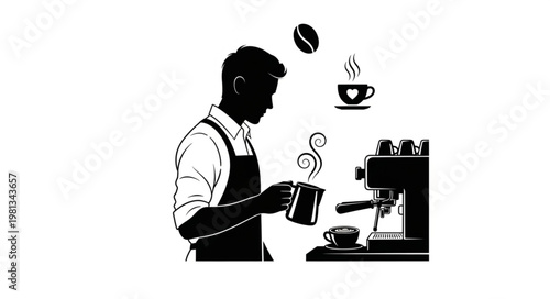 Barista making coffee with espresso machine and steaming milk jug.