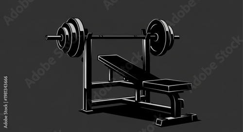 Weightlifting Bench Press Equipment With Barbell And Weights.