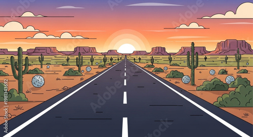 Desert Highway Sunset Landscape Illustration.