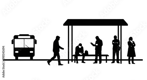 People waiting at a bus stop with a bus nearby.