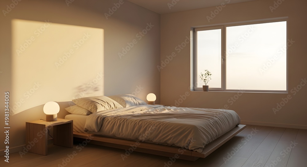 Fototapeta premium Modern low profile wooden platform bed featuring soft white bedding and minimalist spherical lamps on matching bedside nightstands for comfort
