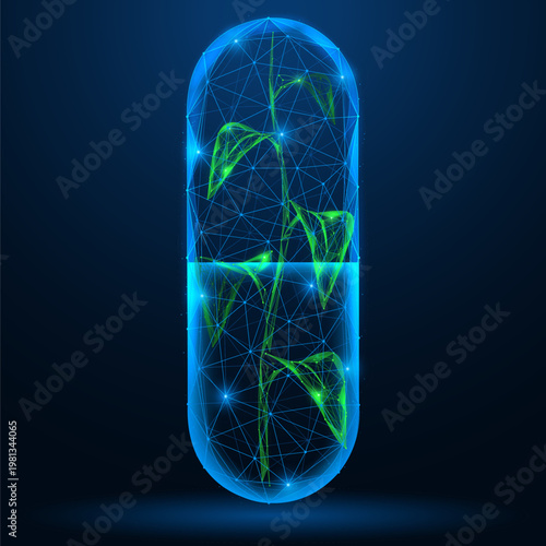 A green medicinal pill. The capsule inside which the plant develops. The concept of natural extracts and organic active substances used in medicine. Polygonal design, blue background.