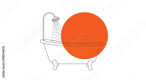A minimalist illustration depicts a bathtub partially overlaid by a large orange circle