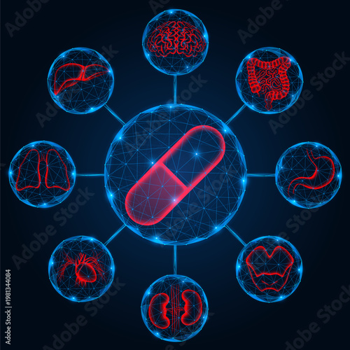 An intelligent treatment system. A smart medical capsule that works as the center of a distribution system for the recovery of human internal organs. Polygonal design, blue background.