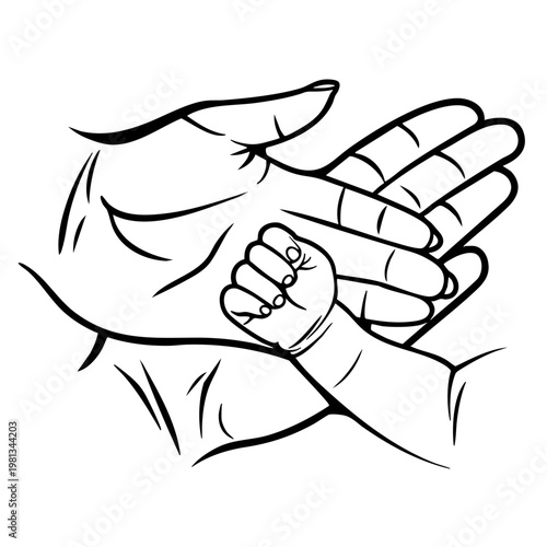 A tender illustration of an adult's hand holding a baby's small fist