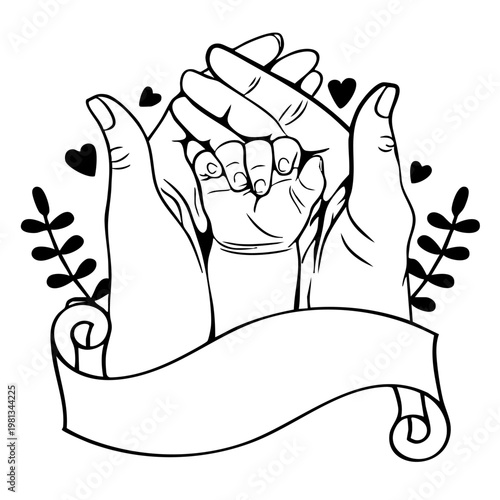 A black and white illustration of hands holding with hearts and leaves