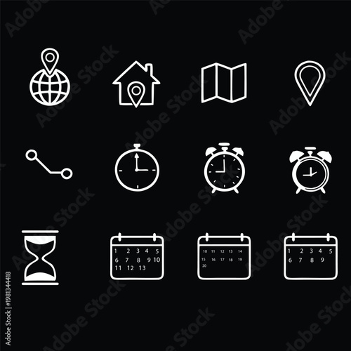 Collection of white line icons representing time location and events