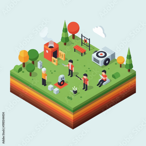 Isometric playground scene with children and recreational elements.