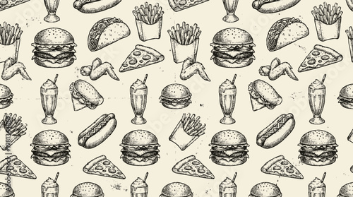 Seamless hand-drawn fast food pattern background featuring classic burgers, crispy fries, tasty pizza slices, and hot dogs in a vintage sketch style, ideal for packaging design or restaurant branding