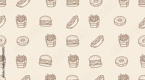 Delicious fast food seamless pattern. Featuring line art illustrations of burgers, hot dogs, french fries, and donuts on a light background, ideal for menus, food packaging, or web design