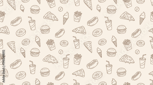 Charming seamless pattern of hand-drawn fast food items burgers, fries, pizza, donuts, and sodas, great for culinary backgrounds and graphic design