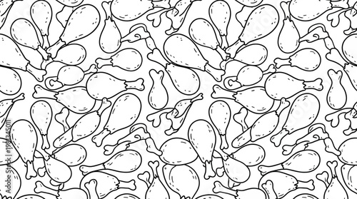 Seamless hand-drawn pattern featuring whimsical chicken drumsticks and bones, perfect for food-related backgrounds and culinary designs and general textile applications