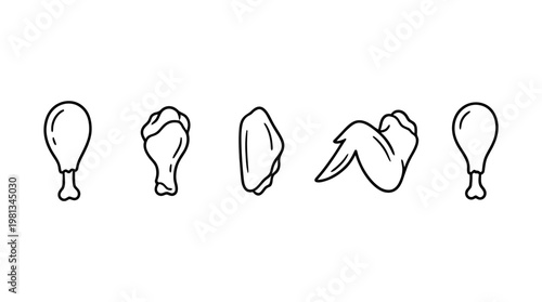A stylized line art collection of popular chicken cuts, including various drumsticks and wings, perfect for culinary and food-related design projects, recipe blogs, or restaurant menus