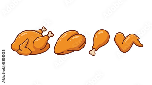 Cartoon set of cooked chicken parts roasted whole bird, crispy drumstick, tender breast, and flavorful wing illustration, perfect for food design