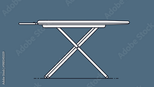 Simple white folding ironing board shown against a solid dark blue background in a clean and minimalist graphic style.