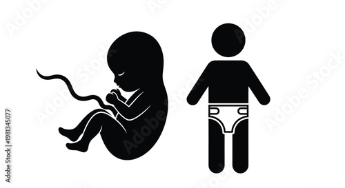 A stark black and white illustration depicts a fetus in the womb alongside a toddler figure