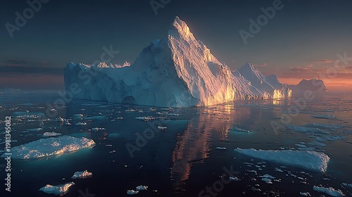 Crystal clear iceberg floating in teal arctic water at sunset images
