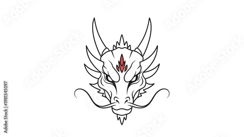 Detailed line art drawing of a fierce dragon head with sharp horns and red decorative markings on the forehead.