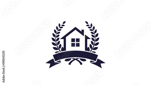 Professional house logo design featuring a simple home silhouette framed by a laurel wreath and a ribbon banner.