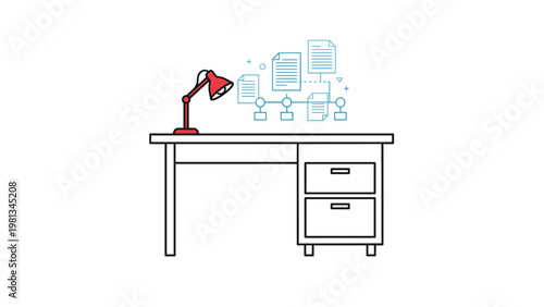 Organized office workspace with a red desk lamp illuminating a floating document flowchart and file structure.