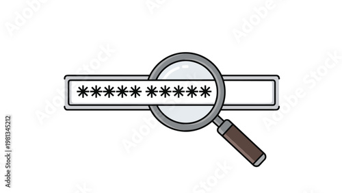 Digital security concept featuring a magnifying glass hovering over a hidden password field with black stars.